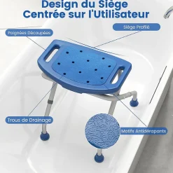 Tabouret de Douche, Banc de Douche avec Poignées, Charge 150 kg, pour Personnes Âgées, Handicapées, Enceintes, Bleu