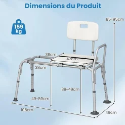 Tabouret de Douche Coulissant, Banc de Douche Autonomie Hauteur Réglable, Personnes Handicapées Âgées,Charge 160KG