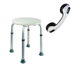 Tabouret de douche PMR PELLET Essentiel rond hauteur réglable + Barre à ventouse de maintien PMR PELLET 30 cm