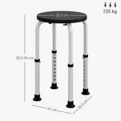 Tabouret de douche réglable en hauteur siège de douche ergonomique pieds antidérapants charge max. 136 Kg alu HDPE noir