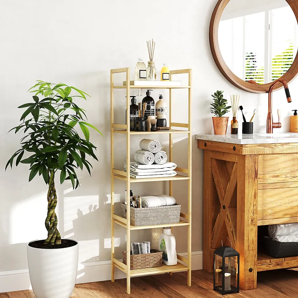 Étagère autoportante salle de bain 5 niveaux en bambou, étagères réglables, meuble rangement salon ou cuisine 43,5x31,5x142 cm