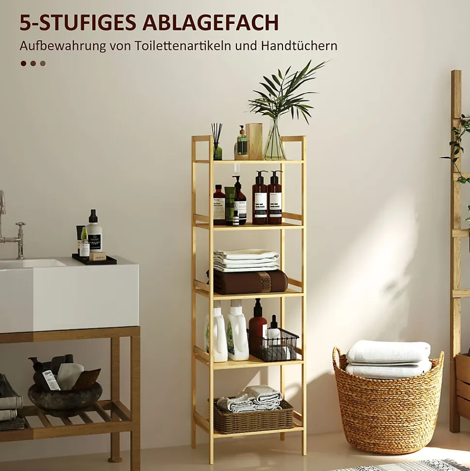 Étagère autoportante salle de bain 5 niveaux en bambou, étagères réglables, meuble rangement salon ou cuisine 43,5x31,5x142 cm