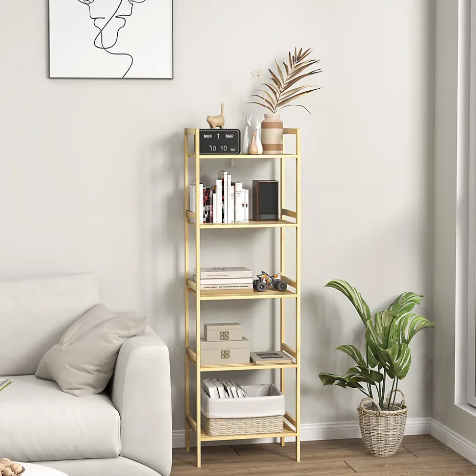 Étagère autoportante salle de bain 5 niveaux en bambou, étagères réglables, meuble rangement salon ou cuisine 43,5x31,5x142 cm
