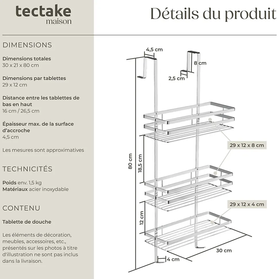 Étagère de douche en Acier inoxydable avec 3 étagères argent