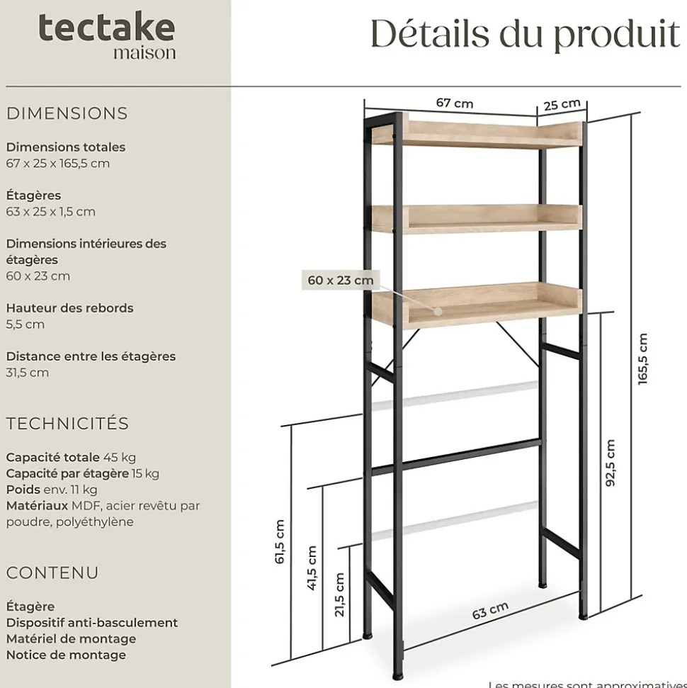 Étagère de salle de bain avec 3 étagères Style industriel Bois clair