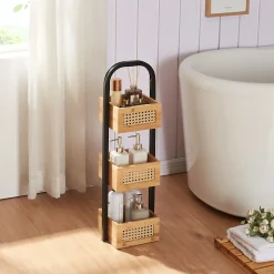 Étagère de salle de bain Tervola 73x23x18,5cm noir naturel aspect rotin en.casa
