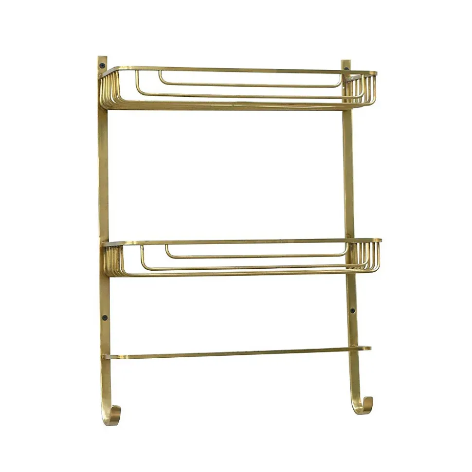 Étagère Murale 2 Niveaux avec Porte-Serviettes en Laiton Dorée - L42 x H56cm