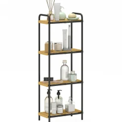 Étagère salle de bain bambou verni 4 niveaux autoportante cadre acier noir