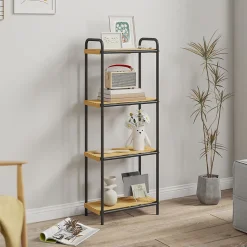 Étagère salle de bain bambou verni 4 niveaux autoportante cadre acier noir