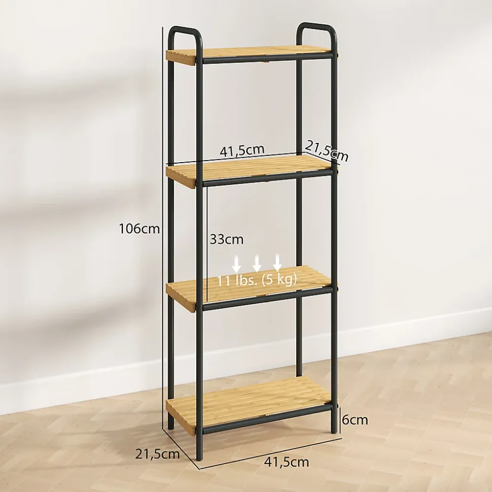Étagère salle de bain bambou verni 4 niveaux autoportante cadre acier noir