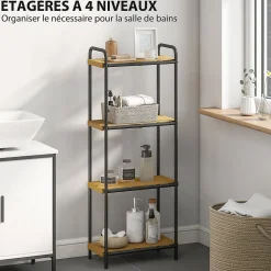 Étagère salle de bain bambou verni 4 niveaux autoportante cadre acier noir