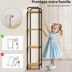 Étagère salle de bain bambou verni 4 niveaux autoportante cadre acier noir