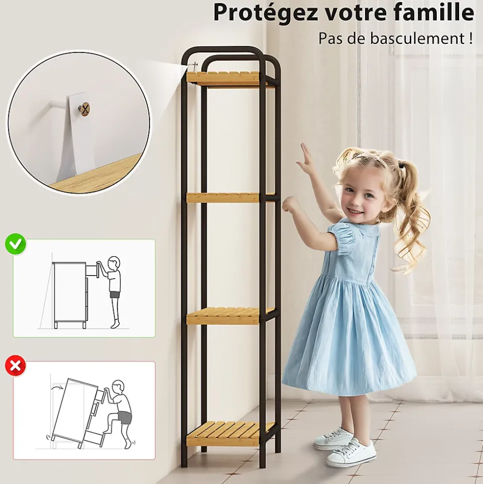 Étagère salle de bain bambou verni 4 niveaux autoportante cadre acier noir