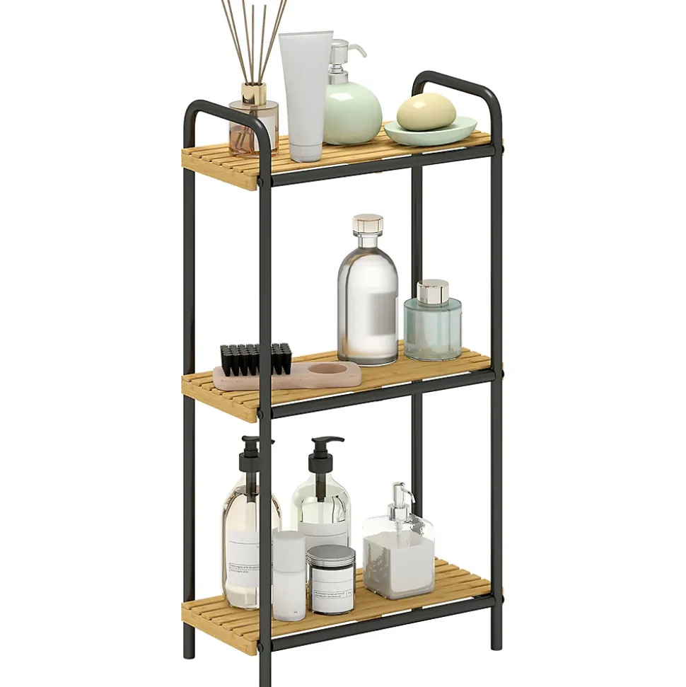 Étagère salle de bain bambou verni 3 niveaux autoportante cadre acier noir