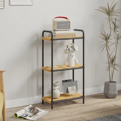 Étagère salle de bain bambou verni 3 niveaux autoportante cadre acier noir