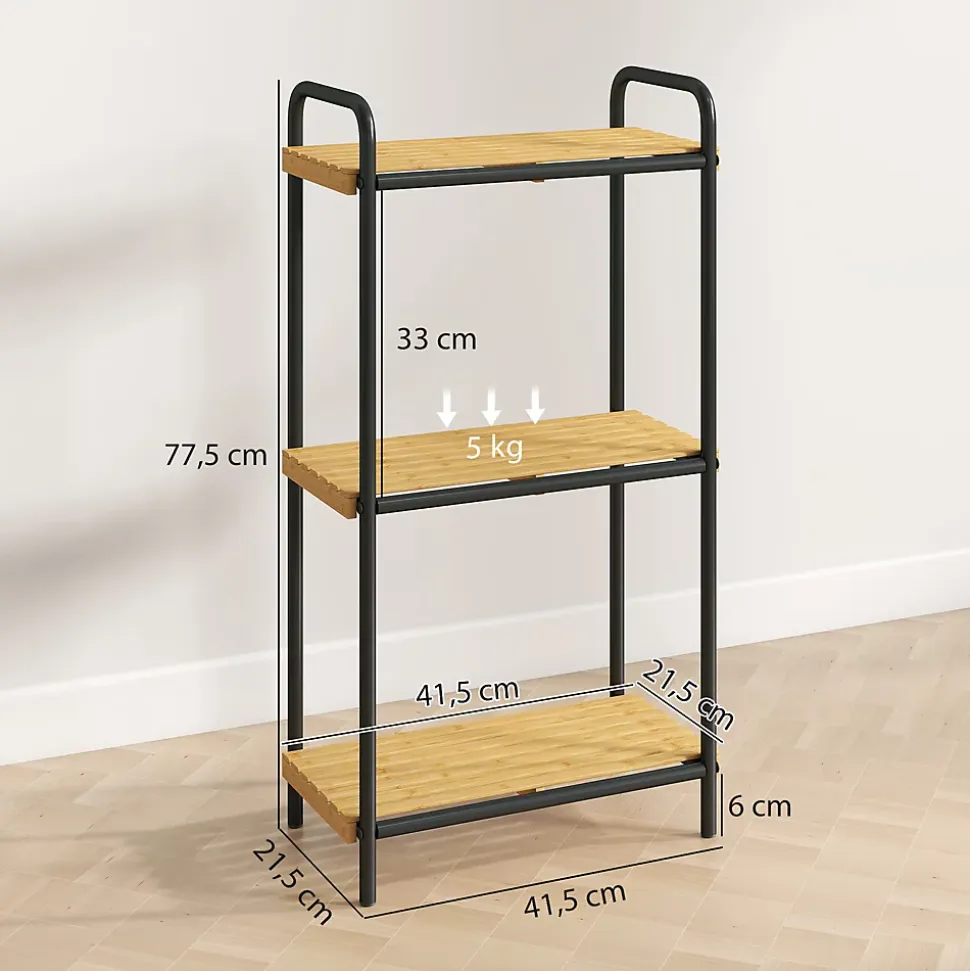 Étagère salle de bain bambou verni 3 niveaux autoportante cadre acier noir