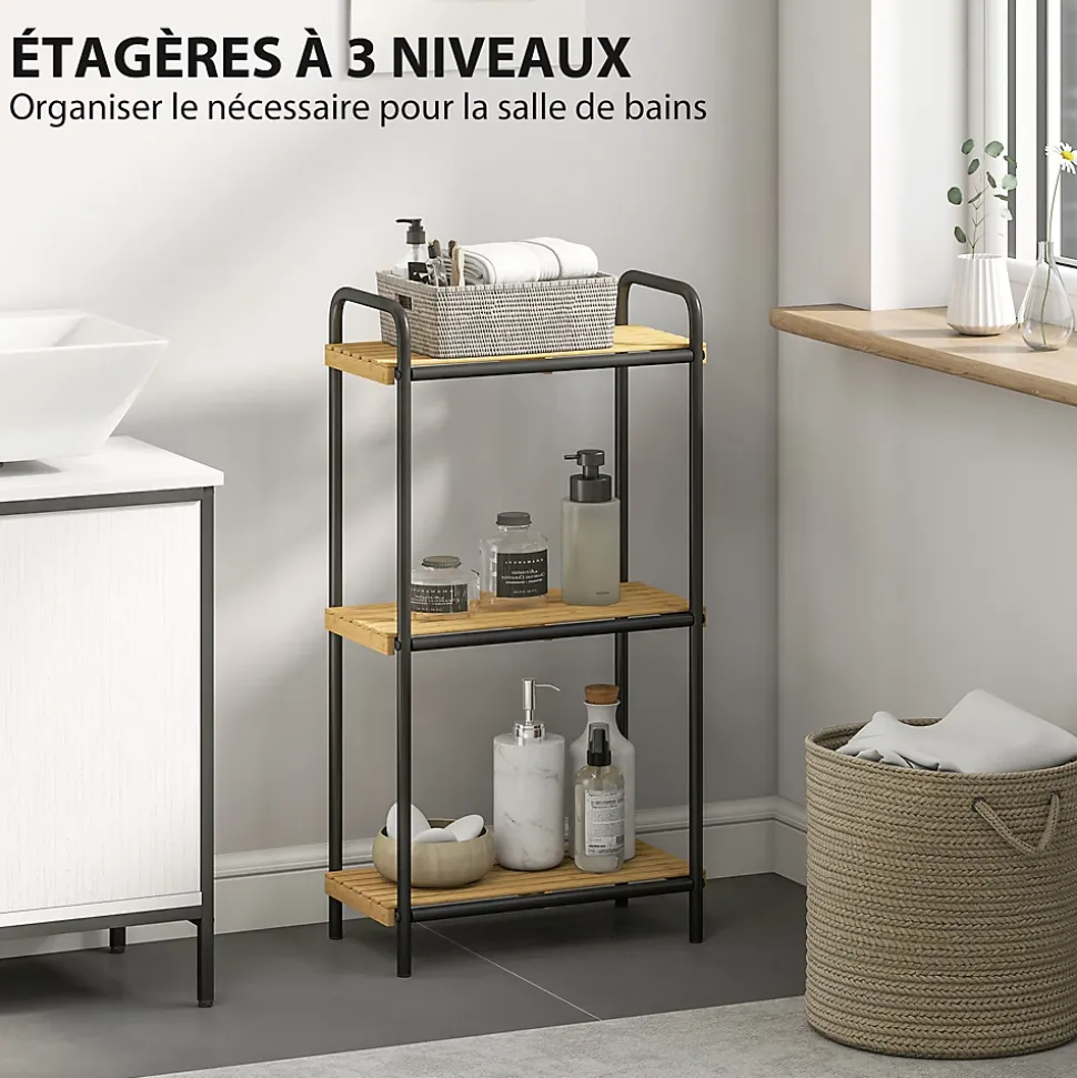 Étagère salle de bain bambou verni 3 niveaux autoportante cadre acier noir