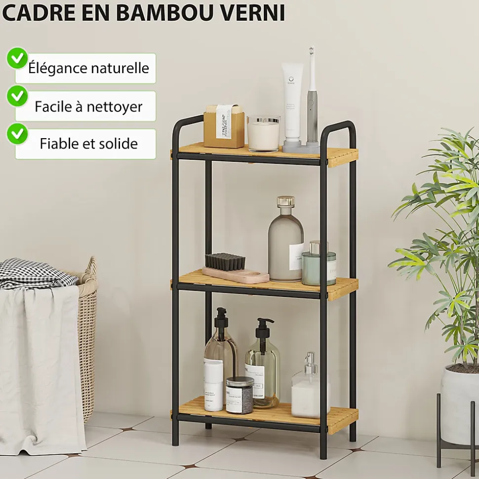 Étagère salle de bain bambou verni 3 niveaux autoportante cadre acier noir
