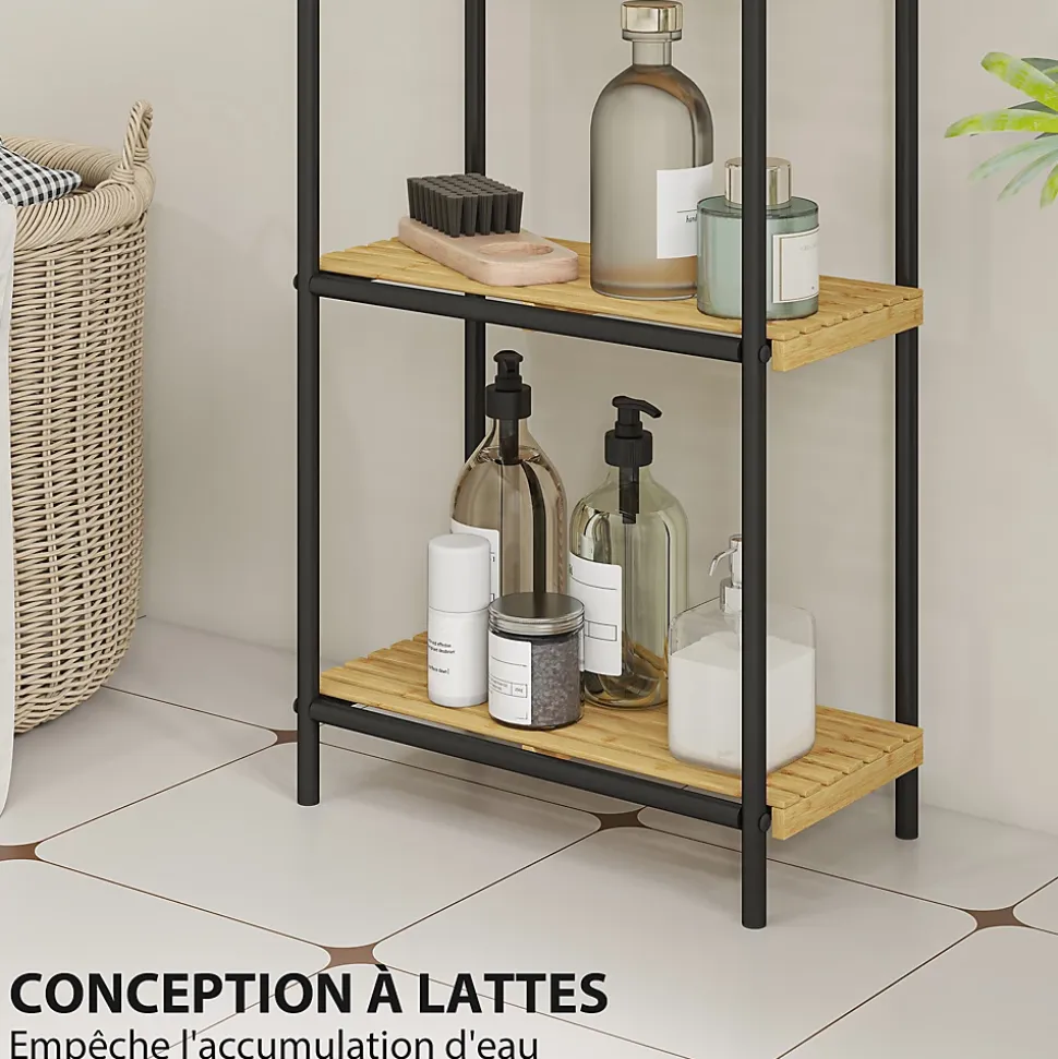 Étagère salle de bain bambou verni 3 niveaux autoportante cadre acier noir