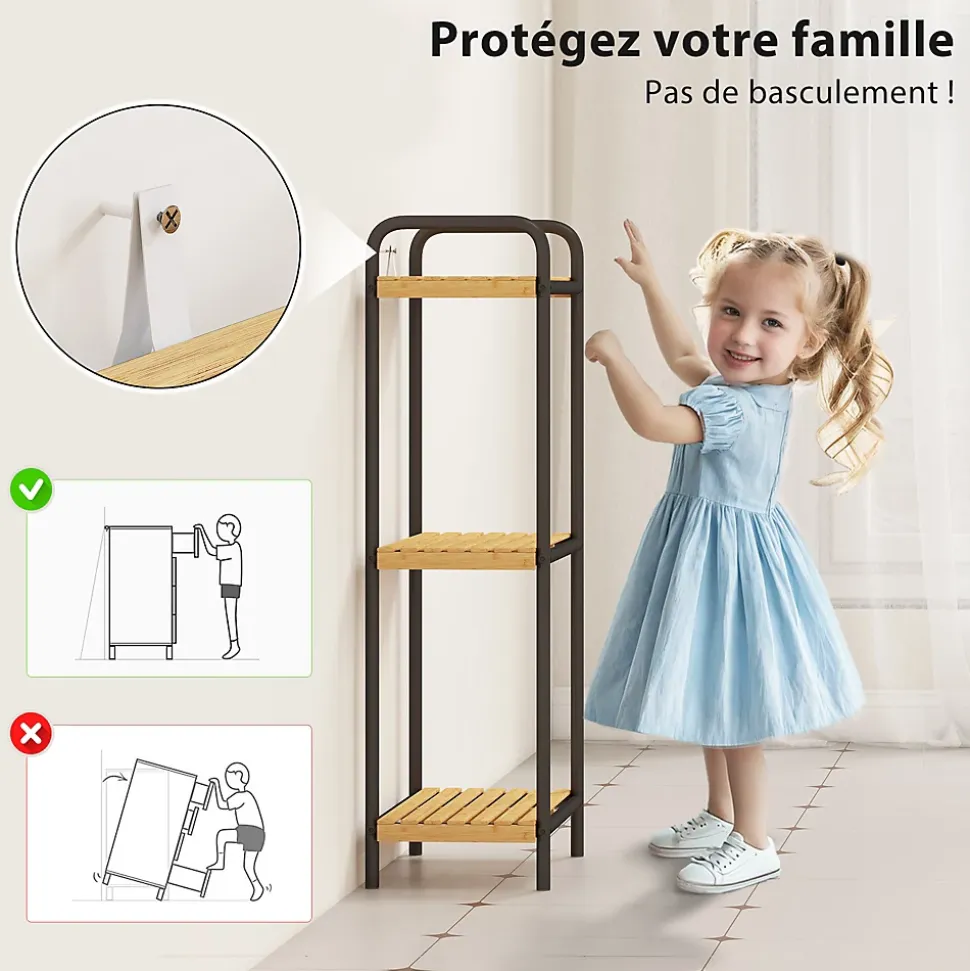 Étagère salle de bain bambou verni 3 niveaux autoportante cadre acier noir