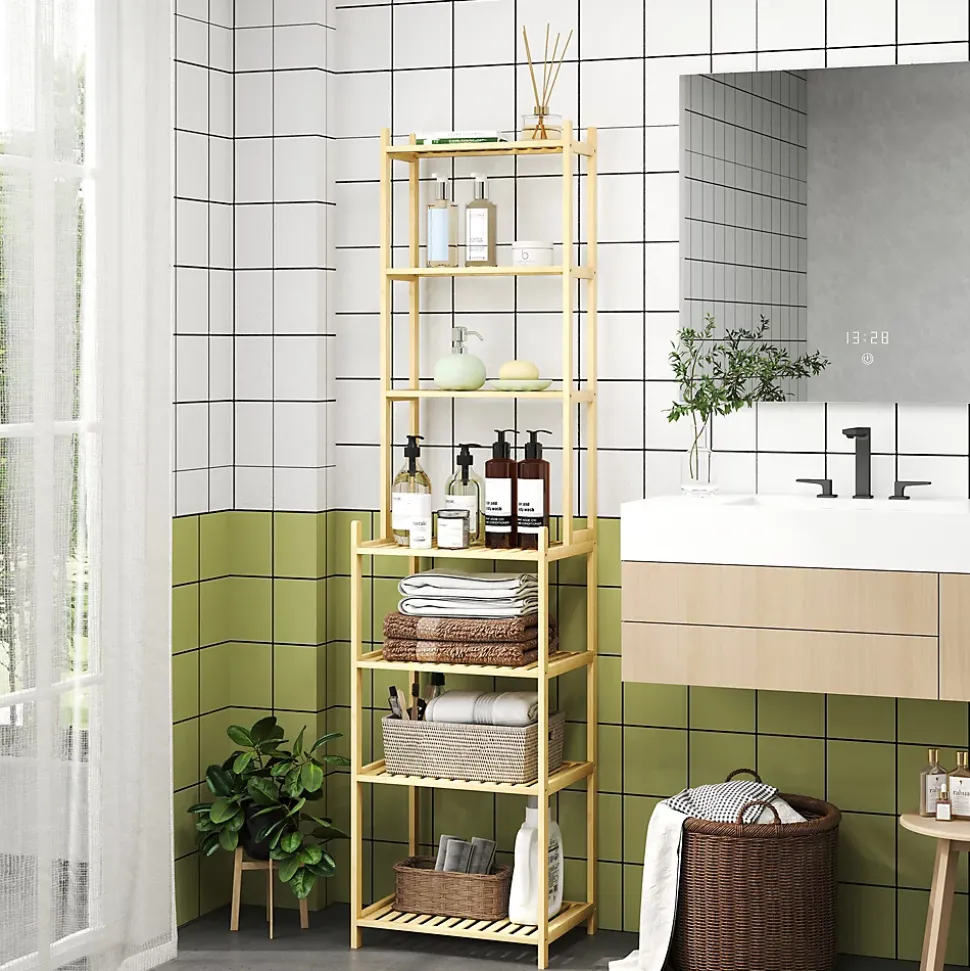 Étagère salle de bain bois bambou verni 7 niveaux étagères à lattes dim. 44 x 33 x 180 cm