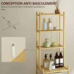 Étagère salle de bain bois bambou verni 7 niveaux étagères à lattes dim. 44 x 33 x 180 cm