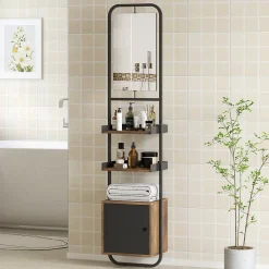 Étagère salle de bain design vintage avec miroir - porte, 2 étagères - 40 x 30 x 179 cm - métal noir effet bois