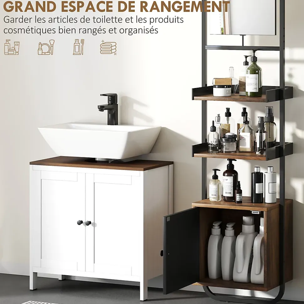 Étagère salle de bain design vintage avec miroir - porte, 2 étagères - 40 x 30 x 179 cm - métal noir effet bois