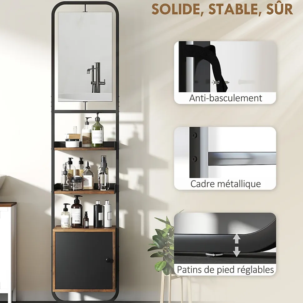 Étagère salle de bain design vintage avec miroir - porte, 2 étagères - 40 x 30 x 179 cm - métal noir effet bois
