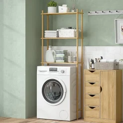 Étagère WC 3 niveaux en bois naturel, meuble salle de bain gain de place avec système anti-basculement, style champêtre