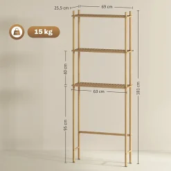 Étagère WC 3 niveaux en bois naturel, meuble salle de bain gain de place avec système anti-basculement, style champêtre