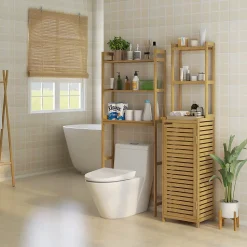 Étagère WC autoportante 3 niveaux en bambou naturel, meuble salle de bain gain de place avec système anti-basculement