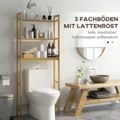 Étagère WC autoportante 3 niveaux en bambou naturel, meuble salle de bain gain de place avec système anti-basculement