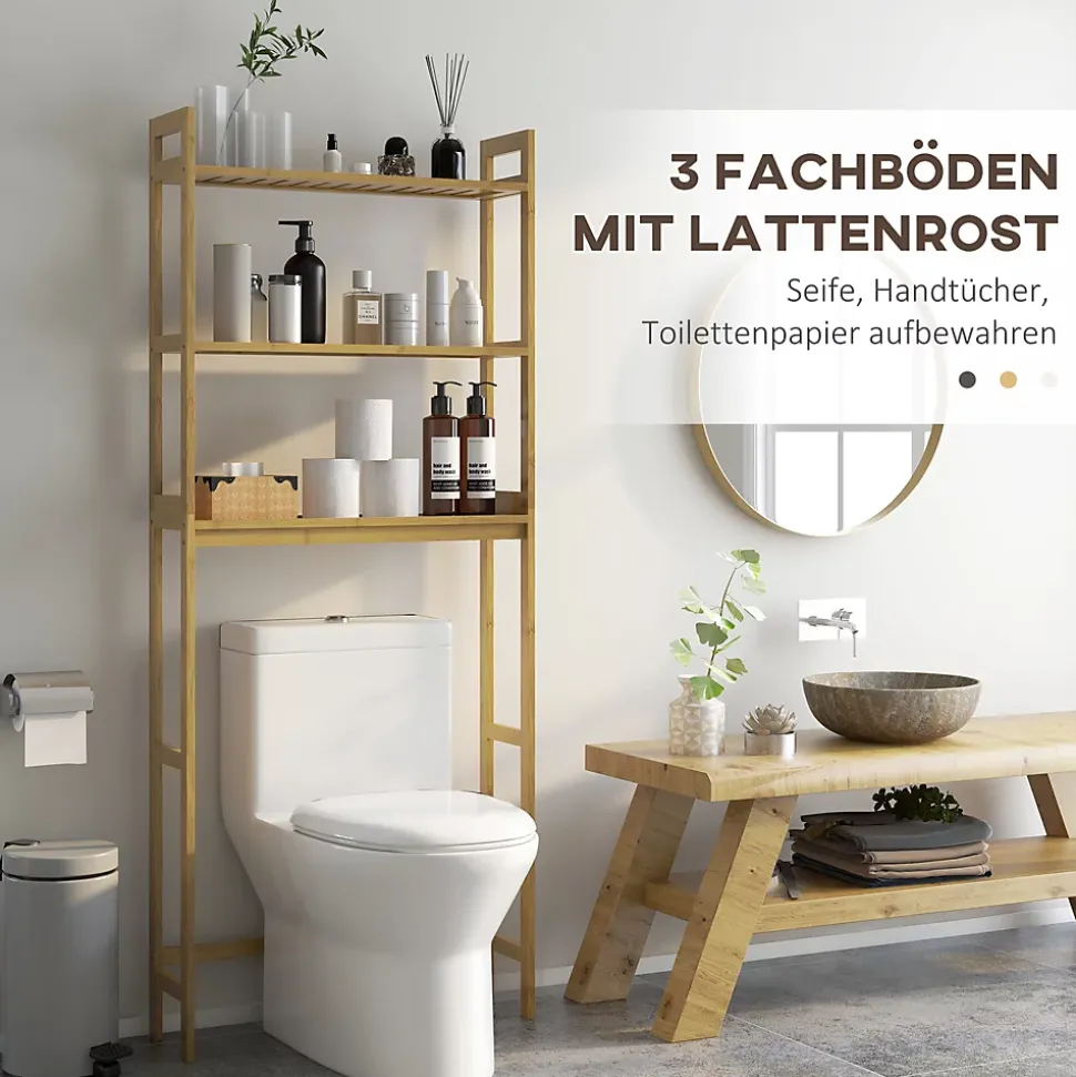 Étagère WC autoportante 3 niveaux en bambou naturel, meuble salle de bain gain de place avec système anti-basculement