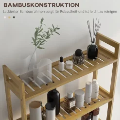 Étagère WC autoportante 3 niveaux en bambou naturel, meuble salle de bain gain de place avec système anti-basculement