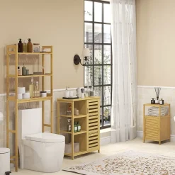 Étagère WC autoportante 3 niveaux en bambou naturel, meuble salle de bain gain de place avec système anti-basculement