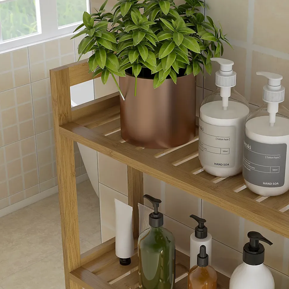 Étagère WC autoportante 3 niveaux en bambou naturel, meuble salle de bain gain de place avec système anti-basculement