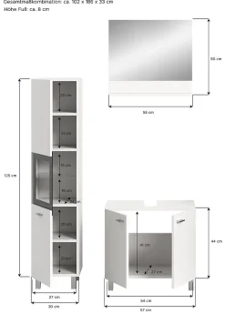 Tambo - Ensemble de 3 meubles de salle de bains (L/H/P : 102x186x33 cm) en mélaminé blanc, vasque non incluse