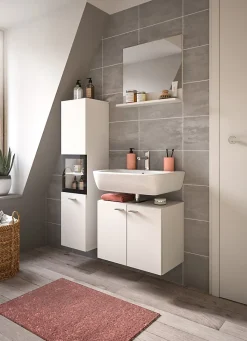 Tambo - Ensemble de 3 meubles de salle de bains (L/H/P : 102x186x33 cm) en mélaminé blanc, vasque non incluse