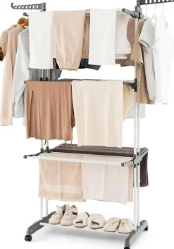 étendoir à Linge 4 Niveaux Support Pliable avec 3 Plateaux Rétractables 1 étagère à Chaussures Inférieure