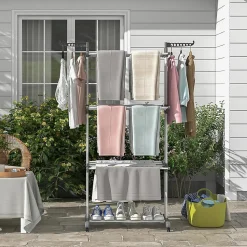 étendoir à Linge 4 Niveaux Support Pliable avec 3 Plateaux Rétractables 1 étagère à Chaussures Inférieure