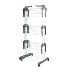 Étendoir à linge multifonction grande capacité 38 m d'étendage 6 pieds sur roulettes, 2 portes-cintres, gris et acier blanc, Kitchen Move Extra Plus