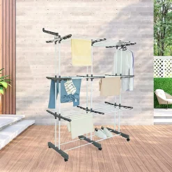 Étendoir à linge multifonction grande capacité 38 m d'étendage 6 pieds sur roulettes, 2 portes-cintres, gris et acier blanc, Kitchen Move Extra Plus