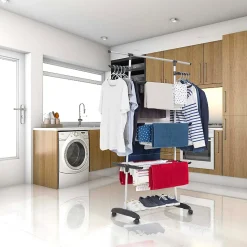 Étendoir à linge multifonction sur roulettes grande capacité 25 m d'étendage, 3 niveaux et 2 portes-cintres, noir et inox, Kitchen Move Ultima