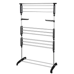 Étendoir à linge multifonction sur roulettes grande capacité 25 m d'étendage, 3 niveaux et 2 portes-cintres, noir et inox, Kitchen Move Ultima