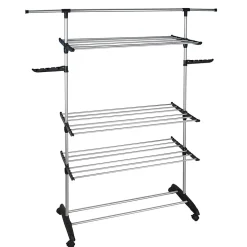 Étendoir à linge multifonction sur roulettes grande capacité 25 m d'étendage, 3 niveaux et 2 portes-cintres, noir et inox, Kitchen Move Ultima