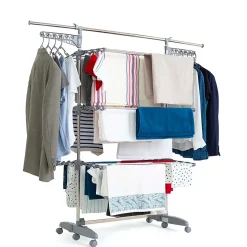 Étendoir à linge multifonction sur roulettes 30 m d'étendage, 30 accessoires, 4 niveaux et 2 portes-cintres, gris et inox, Kitchen Move Access