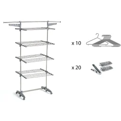Étendoir à linge multifonction sur roulettes 25 m d'étendage, 30 accessoires, 4 niveaux et 2 portes-cintres, gris et inox, Kitchen Move Access