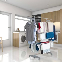 Étendoir à linge multifonction sur roulettes 25 m d'étendage, 30 accessoires, 4 niveaux et 2 portes-cintres, gris et inox, Kitchen Move Access