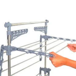 Étendoir à linge multifonction sur roulettes grande capacité 30 m d'étendage, 4 niveaux et 2 portes-cintres, gris et inox, Kitchen Move Extra
